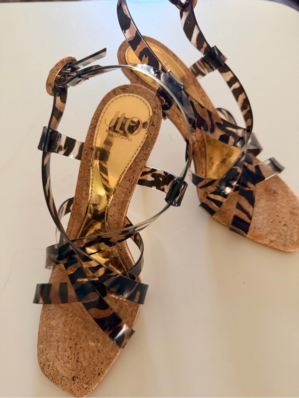 Jennifer Lopez Tortoiseshell-Strap Cork Heels